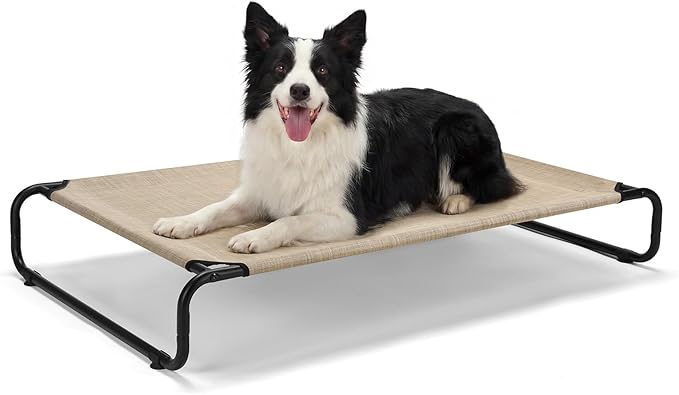 Veehoo Cooling Elevated Dog Bed, Outdoor Dog Bed for Large Dogs, Raised Dog Cot with Thickened Frame, Durable Teslin Mesh & Anti-Slip Rubber Feet, Pet Hammock for Indoor or Camping, 41" x 26", Beige