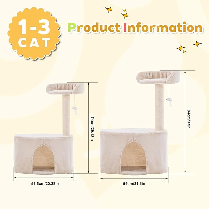 Small Cat Tree Tower with Sisal Scratching Post for Indoor Cats, Cat Condo Cave House with Perch and Playful Toy Feather, Beige (20.27x12.4x29.5 inch)