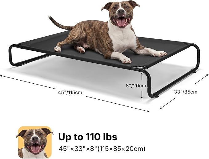 Veehoo Cooling Elevated Dog Bed, Outdoor Dog Bed for Large Dogs, Raised Dog Cot with Thickened Frame, Durable Teslin Mesh & Anti-Slip Rubber Feet, Pet Hammock for Indoor or Camping, 45" x 30", Black