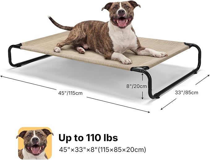 Veehoo Cooling Elevated Dog Bed, Outdoor Dog Bed for Large Dogs, Raised Dog Cot with Thickened Frame, Durable Teslin Mesh & Anti-Slip Rubber Feet, Pet Hammock for Indoor or Camping, 45" x 30", Beige