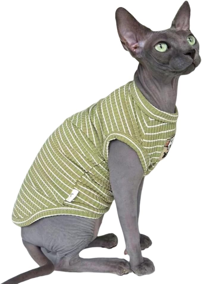 Sphynx Cat Clothes Vest for Hairless Cat, Rib Knit Stripe Cats T-Shirt Apparel, Kitten Summer Cotton Shirts Sleeveless for Cornish Rex, Devon Rex, Peterbald (Green, XL (10-14 lbs))
