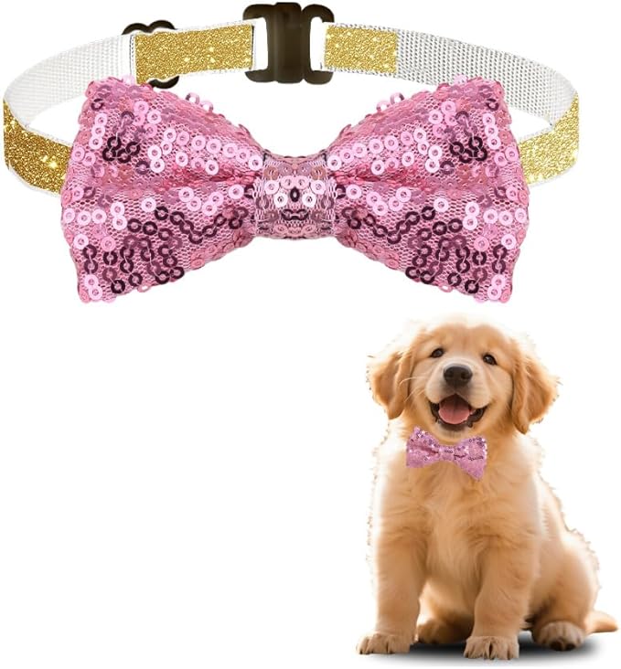 Pink Sequin Bow Tie for Pet Cat Dog Bow Ties for Dogs Cats Pets Pink Accessories for Pet Cat Dog Sequin Bowtie for Dogs Cats Adjustable Bow Tie for Dog Cat Sparkly Bowtie for Puppy Kitten