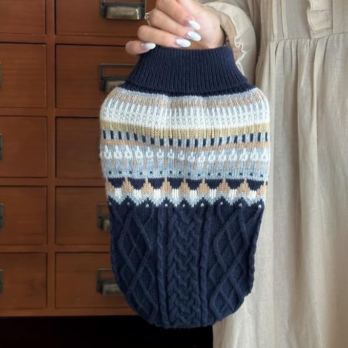 Knit Dog Sweater Turtleneck Cat Cold Weather Pullover Pet Vintage Cable Thick Warm Winter Clothes for X Small Dogs Cats Medium Pug Dachshund Yorkie (Navy, Large)