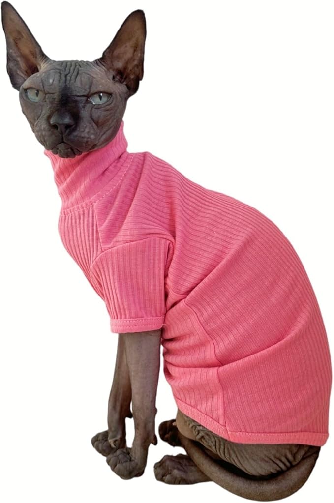Sphynx Hairless Cats Shirt Cotton Cat Turtleneck Sweater Pullover Kitten T-Shirts with Sleeves Cat Pajamas Jumpsuit for Sphynx Cornish Rex, Devon Rex, Peterbald (XX-Large (Pack of 1), Rosey Pink)