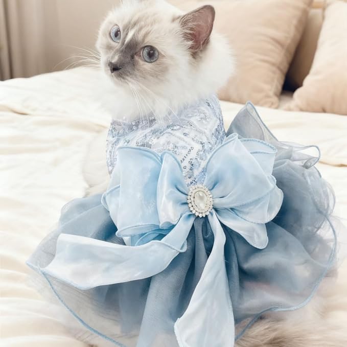 Blue Princess Small Dog & Cat Dress - Sequin Tutu Outfit with Bow Knot & Pearl Decor | Formal Pet Clothes for Wedding, Birthday, Party | Fit Chihuahua, Yorkie, Kitten (Blue-Bow, X-Small)