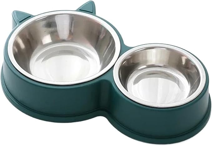 Puppy Kitten Feeding Supplies Two Pets Bowls Dog Food Drinker Stainless Steel Pet(Green)