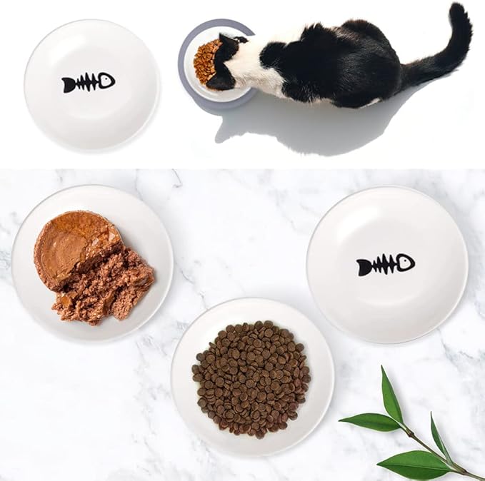 Shallow Cat Food Dish Ceramic Cat Plates for Wet Food Flat Cat Bowl for Whisker Fatigue Wide Kitten Feeding Tray Cute Cat Food Bowl Non Slip Cat Feeding & Watering Supplies (3 Sets)