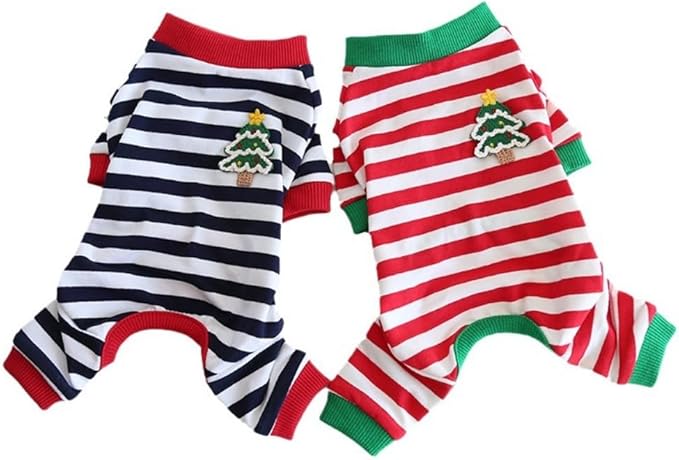 Hdwk&Hped Soft Cotton Dog Pajamas for All Seasons, Striped Solid Pet Bottoming Jumpsuit for Small Dog Cat Puppy 3 Styles (Christmas Style 2-Pack, #1)