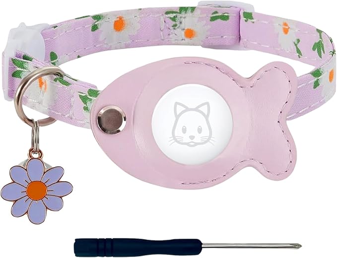 Cat Collar for Airtag, Breakaway GPS Tracker Kitten Collar with Airtag Holder and Bells for Girl Boy Cats Cute Personalized Cat Collar with Fish Adjustable Length (Purpul)