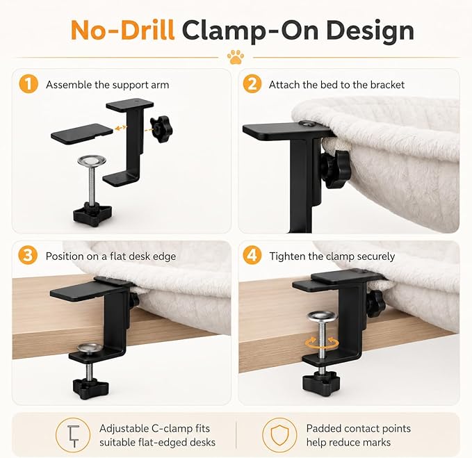 Desk Cat Hammock Bed, 360° Rotation Clamp-On Pet Perch for Home Office & Gaming Desks, No-Drill Space-Saving Cat Bed, 16.5" Round Supports 50 lbs, Includes Soft Washable Pad