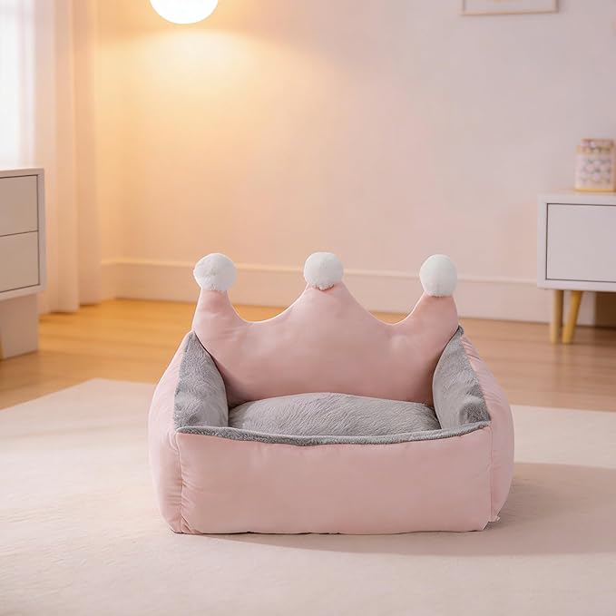 Cute Crown Pet Beds for Dogs Cat,Fashionable Luxurious Crown Cat Princess Beds Winter Warm Puppy Cat Sofa Bed Soft Upholstered Plush Sofa,Durable Washable Anti-Slip Dog Beds (Pink, XS Below 1.5 kg)