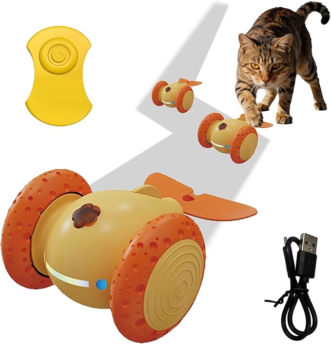 Puffluv Interactive Cat Toys, Automatic Moving Mouse Toy for Indoor Cats, Remote Control Cat Toys with LED Lights,Rechargeable Electric Kitten Toy USB Charging(Yellow)