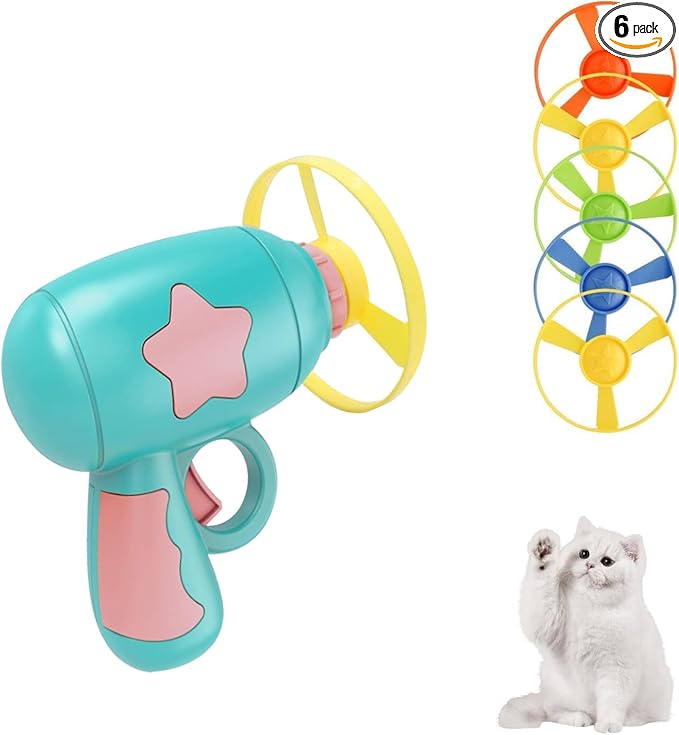 Andiker Cat Fetch Toy, Interactive Kitten Flying Disc Launcher Toy with 5 Colorful Flying Propellers for Cat Enrichment, Flying Saucer Toy for Cats for Training and Chasing (Blue)