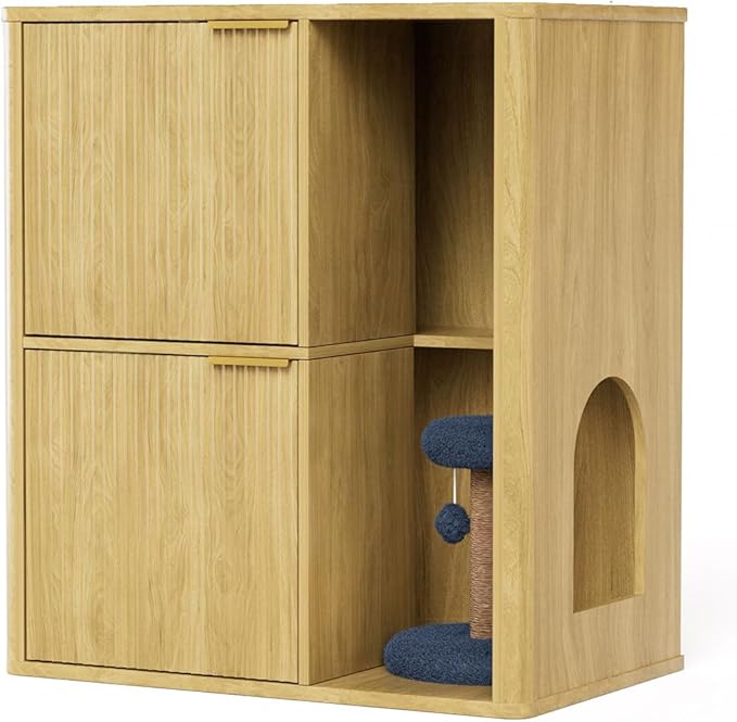 31.5" Cat Litter Box Enclosure Furniture, Fluted Hidden Litter Box Cabinet with Storage Shelf & Scratching Post, Wooden Cat House Side Table with Dual Entry Doors for Indoor Cats, Natural,Natural