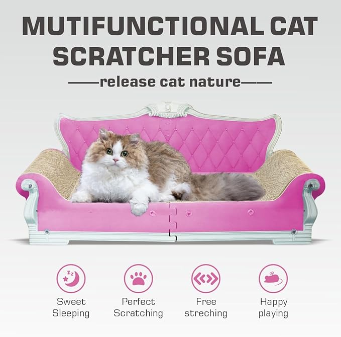 Extra Large Cat Scratcher Sofa Bed - 27.5" Durable Cat Couch & Scratching Board, Ergonomic Cardboard Lounge Furniture for Big Cats, Multi-Cat Households, Reversible Scratch Pad (Pink)