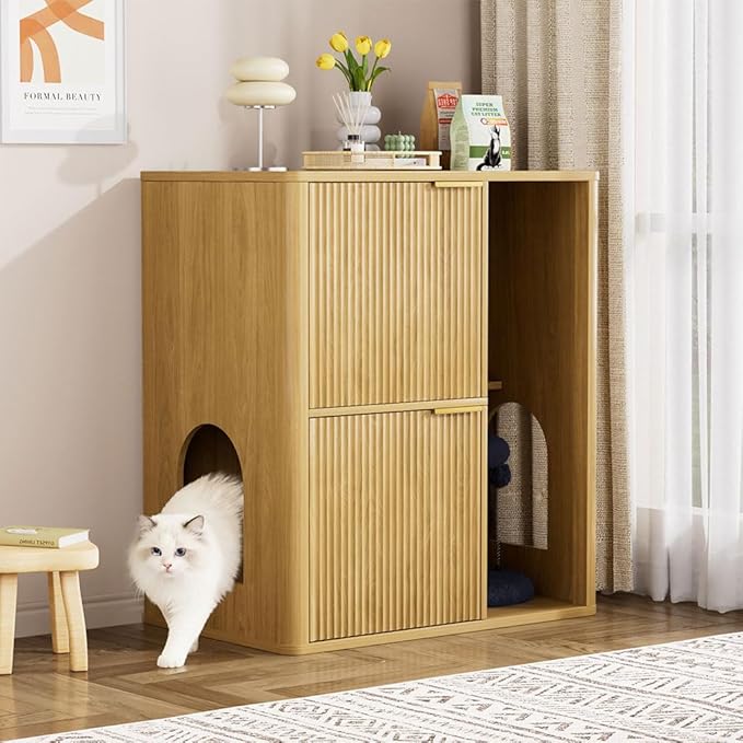 31.5" Cat Litter Box Enclosure Furniture, Fluted Hidden Litter Box Cabinet with Storage Shelf & Scratching Post, Wooden Cat House Side Table with Dual Entry Doors for Indoor Cats, Natural,Natural