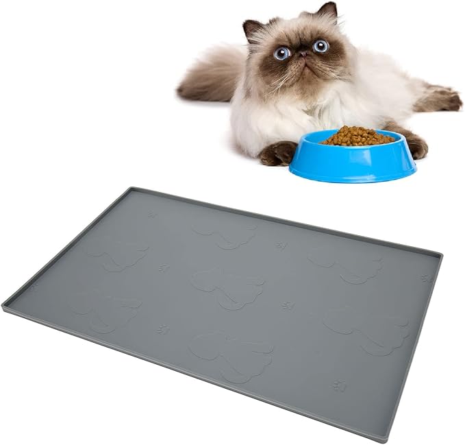 Dog Feeding Mat, Waterproofed Cat Food Mats, Anti Slip Silicone Cat Dog Food Mat for Messy Drinkers to Protect Floors (Gray)