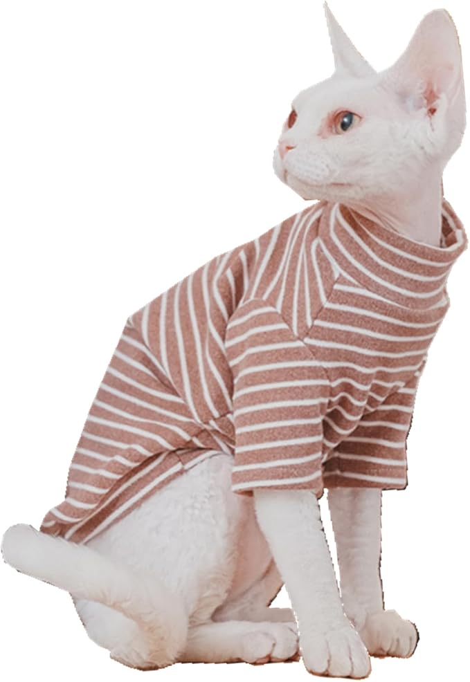 Sphynx Cats Warm Fleece Shirt Cat Turtleneck Undershirt Thermal Hairless Cat Clothes for Sphynx, Devon, Cornish Cat Clothes and Small Kitten and Dogs (Coffee Bold Stripe, Medium)