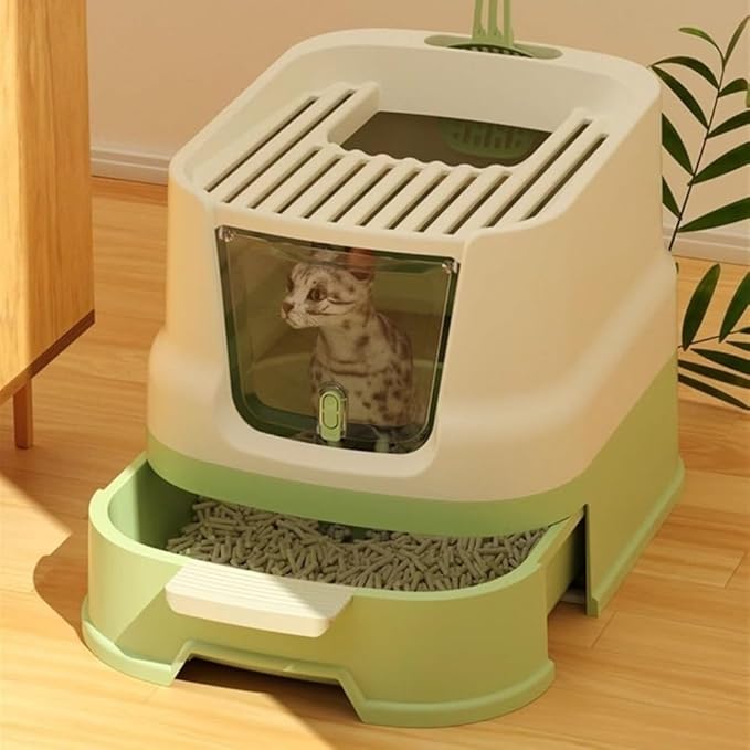 Pet Supplies, Enclosed Top-Entry Cat Litter Box with Lid & Scoop, Large Anti-Splash Drawer Design