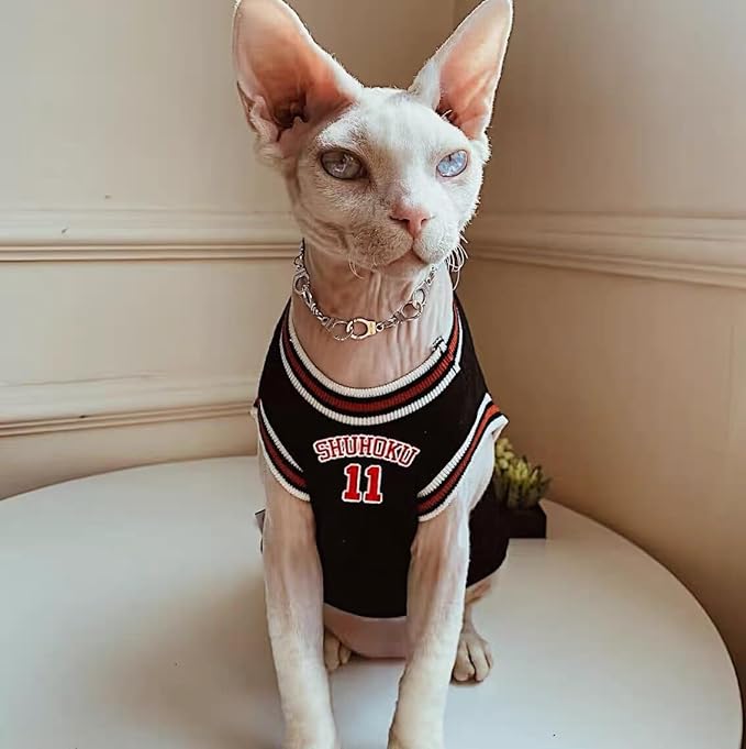 Sphynx Cat Basketball Jersey, Anime-Inspired Pet Shirt, Breathable Stretchy Cotton Outfit for Hairless Cats & Small Dogs, Sleeveless Sport Costume for Cats (Black, X-Large (7-9.5lbs))
