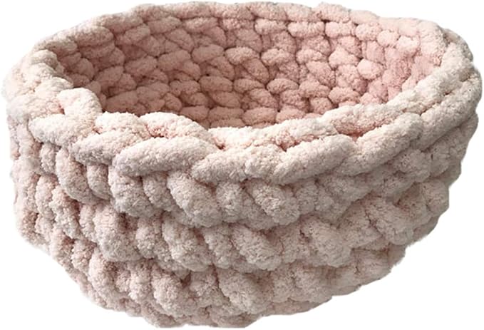Light Pink Fluffy Chenille Yarn Cat Cave Handmade Pet Bed,Super Chunky Pet Cave,Pet Bedding,Arm Knit Cat Cave,Pet House Diameter 18"