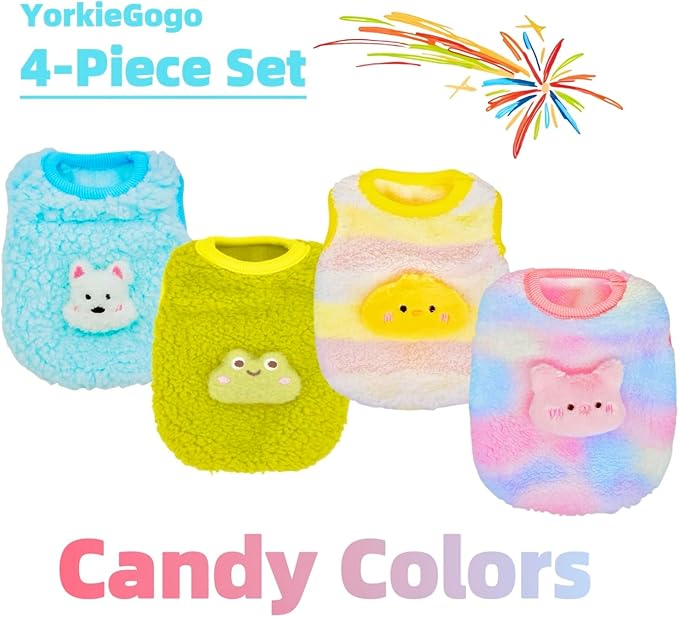 4-Piece Tiny Pet Clothes, Candy Colored Plush Sweater Shirts for Newborn/Teacup Cats & Dogs (e.g., Chihuahuas, Yorkies), Bunnies, and Other Small Animals (Gradient, XXS (1.5-3 lbs))