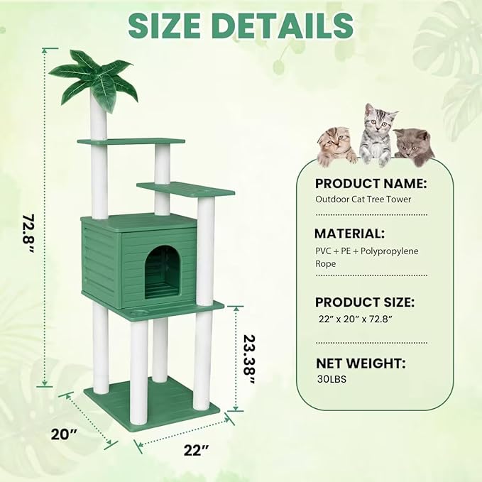 72 Inches Tall Cat Tree, Outdoor Cat House, Weatherproof Large Cat Condo with Cat Scratch Post, for Outdoor and Indoor Cat Towers