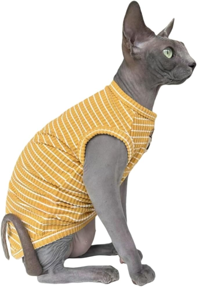 Sphynx Cat Clothes Vest for Hairless Cat, Rib Knit Stripe Cats T-Shirt Apparel, Kitten Summer Cotton Shirts Sleeveless for Cornish Rex, Devon Rex, Peterbald (Ginger, L (7.5-9.4 lbs))