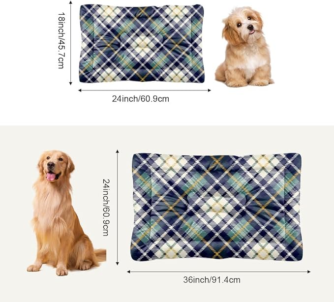 Yellow Green Blue Plaid Dog Pet Bed Mat Non Slip Bottom Dog Crate Bed Waterproof Cozy Soft Travel Cat Pet Accessories Printed Cat Gift Thick 24× 18 Inch Indoor Outdoor