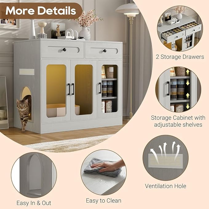 Cat Litter Box Enclosure Furniture with Glass Doors & LED Light, Large Hidden Litter Box Cabinet with Drawers and Adjustable Shelf, Modern Cat Litter Box Cover Side Entry for Living Room Bedroom,Gray