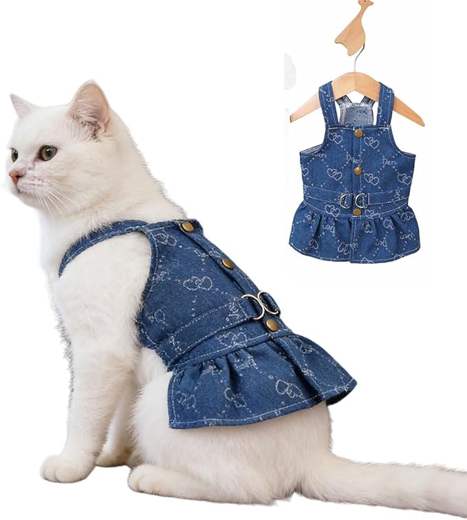 Walking-Ready Pet Jeans - Breathable Denim with D-Ring & Snap Buttons | Matching Heart Symbol Outfits for Dog & Cat Couples | Machine Washable (S-XL) (Small, Skirt with Heart Symbol)