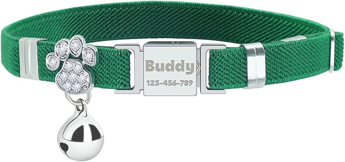 Personalized Safety Elastic Cat Collars with Bell,Laser Customized Stretch Kitten Collars for Girls Boys Cats-Dark Green
