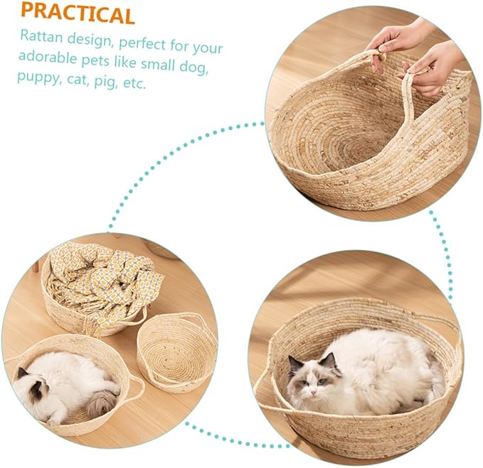 ABOOFAN Rattan Woven Cat Bed Cooling Pet Nest Medium Size for Cats to 8 Lbs Semi-Enclosed Breathable Summer Supply Indoor Pet Furniture