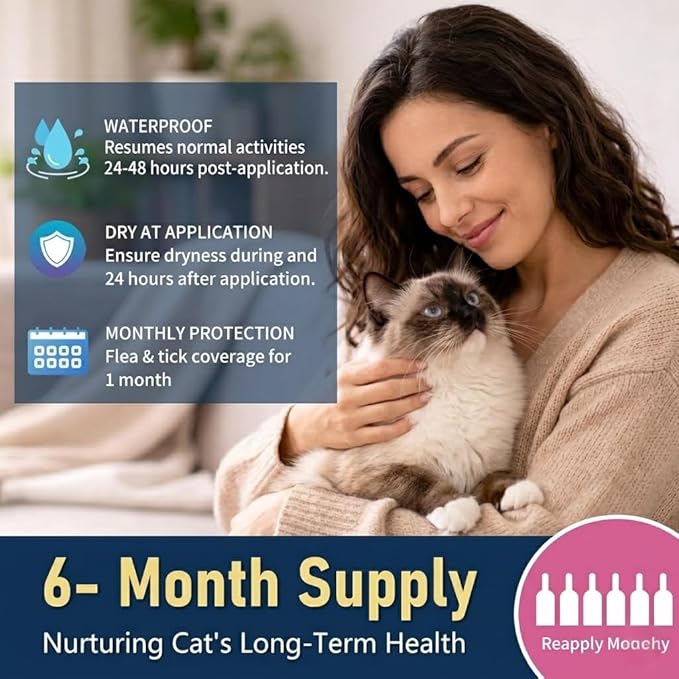 Cat Dewormer Topical Flea & Tick for Cats & Kittens, Monthly for Cats Over 1.5 lbs & 8 Weeks or Older, 6 Doses Supply Fast-Acting & Long-Lasting Waterproof Drops