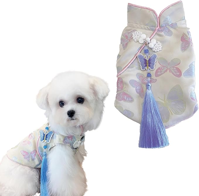 Chinese Cheongsam Dog Dress, Butterfly Printed Pet Qipao with Tassel & Knot, Traditional Chinese Style Outfit for Small Dogs & Cats, Festive Costume for Puppy Kitten (X-Large)