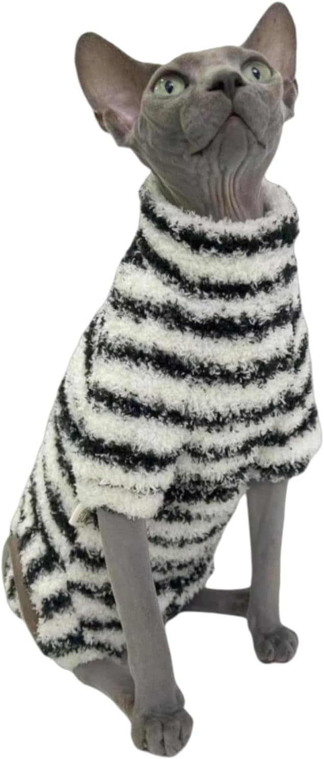 Sphynx Cat Clothes Four Leg Fleece Pajamas Super Soft Elastic Pet Clothes for Hairless Cat Surgery Recovery Suit Cat for Sphynx Devon Cornish (Black White Stripe, Small)