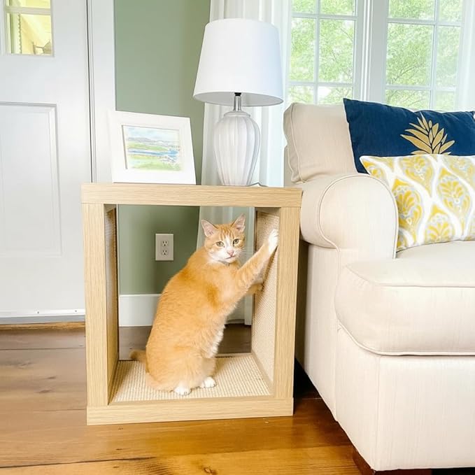 Designer Pet Products 2-in-1 Cat Scratcher End Table – Modern Wood Side Table with Customizable Sisal Scratching Pad – Versatile Furniture for Cats and Home Decor