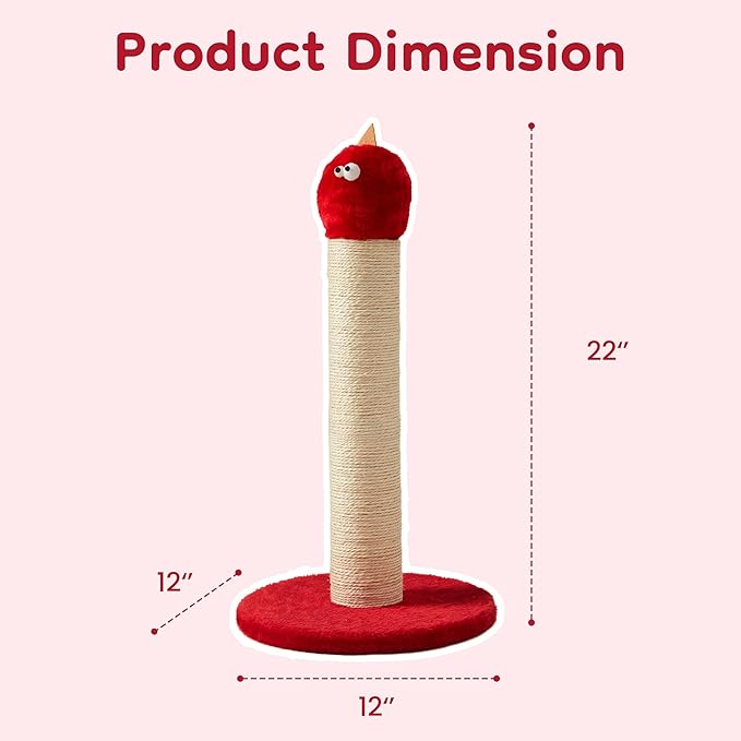 Cat Scratching Post 22'', Scratching Post with Extra Wide 12" Heavy Duty Base for Indoor Kitty, Scratching Post with Natural Sisal & Velvet Fabric for Small, Medium Cat, Red