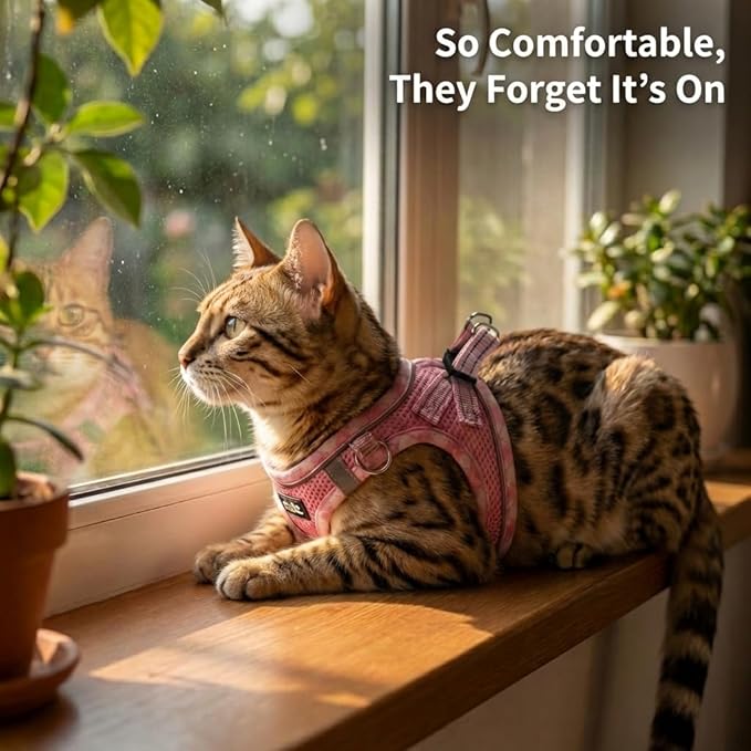 Cat Harness and Leash Set for Walking, Escape Proof Adjustable Soft Mesh Kitten Harness with Reflective Strips, Breathable No-Choke Pet Vest for Large Cats or Small Dogs(Pink,L)