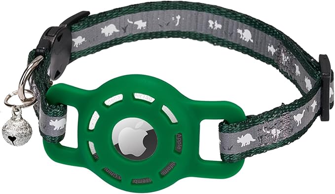 Reflective Cat Collar with Airtag Holder Breakaway Safety Airtag Kitten Collars with Bell for Male Female Boy Cats,Dark Green