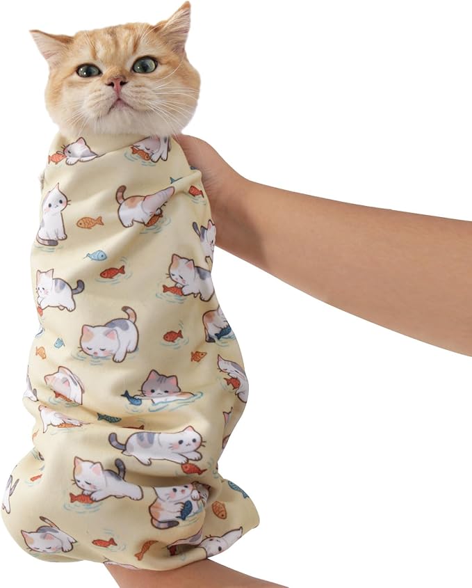 29.5" Cat Grooming Wrap,cat wrap for Cutting Nails,Self-Adhesive cat Swaddle wrap cat Restraint cat wrap Blanket for Medicine, Nail Clipping, Teeth Brushing,Yellow Kitten(Within 16lbs)
