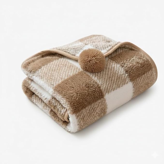 Fleece Pet Blanket for Cats and Small Dogs, Brown and White Plaid with Pom Pom Trim, Soft Plush Throw, 30.7x39.4 Inches, Machine Washable