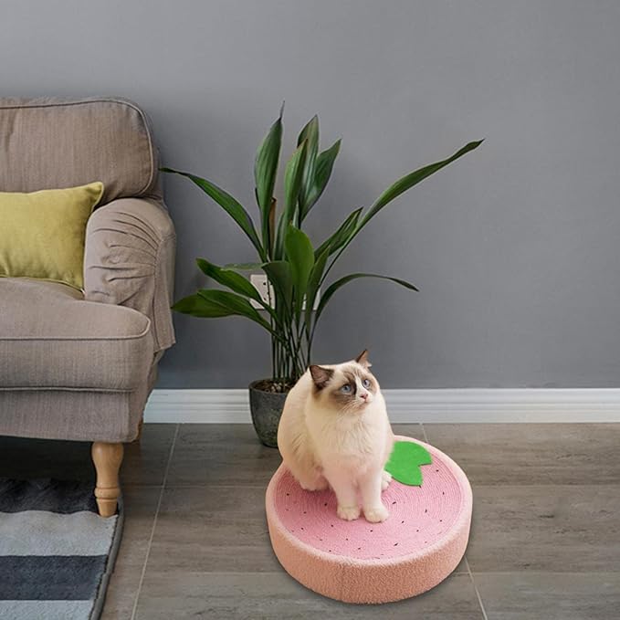 KLKCS Cat Scratcher Pad, Strawberry, Round, Compact, Multifunctional, Protects Furniture, Great Gift