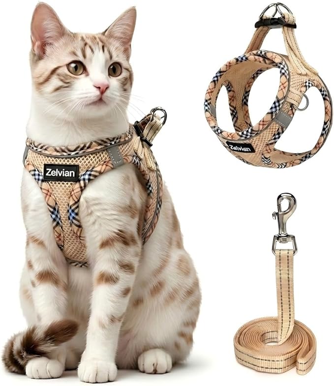 Cat Harness and Leash Set for Walking, Escape Proof Adjustable Soft Mesh Kitten Harness with Reflective Strips, Breathable No-Choke Pet Vest for Small Cats or Puppies(Beige,XXS)