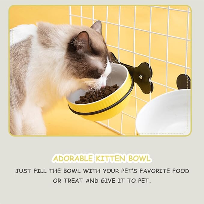Suspension Style Ceramic Pet Bowl Set with Tilted Design, Yellow Fishbone Pattern, Elevated Iron Frame Feeder for Cats and Puppies, Multi-Function Feeding and Watering Accessory