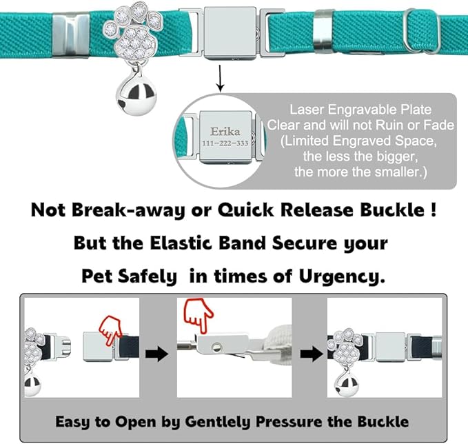 Personalized Safety Elastic Cat Collars with Bell,Laser Customized Stretch Kitten Collars for Girls Boys Cats-Cyan