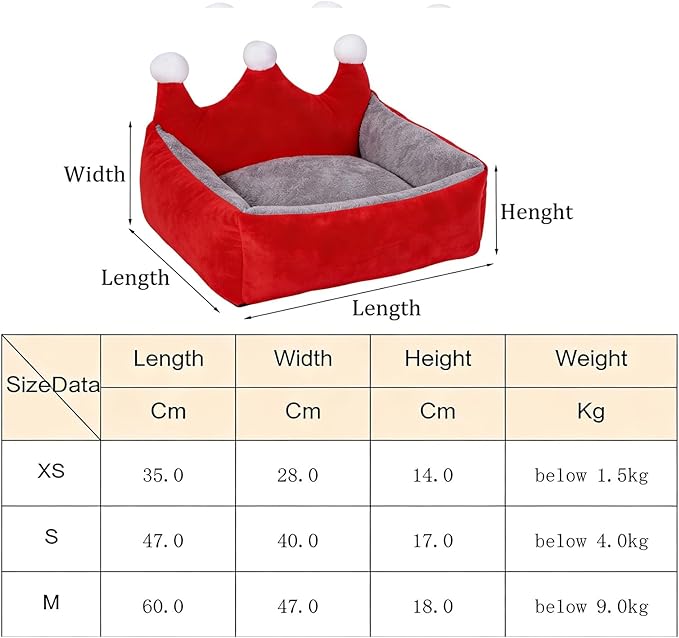 Cute Crown Pet Beds for Dogs Cat,Fashionable Luxurious Crown Cat Princess Beds Winter Warm Puppy Cat Sofa Bed Soft Upholstered Plush Sofa,Durable Washable Anti-Slip Dog Beds (Red, S-Below 4.0kg)