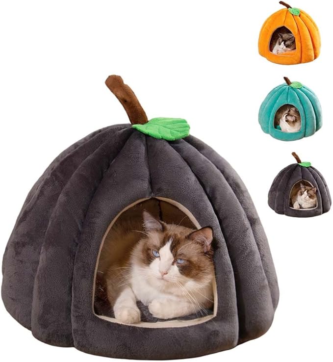 Cute Pumpkin Cat Bed for Indoor Cats，Pumpkin Shape Cat House with Removable Washable Cushioned Pillow，Cat Cave Bed Cat Tent for Puppy and Kitten (Grey,15 in)