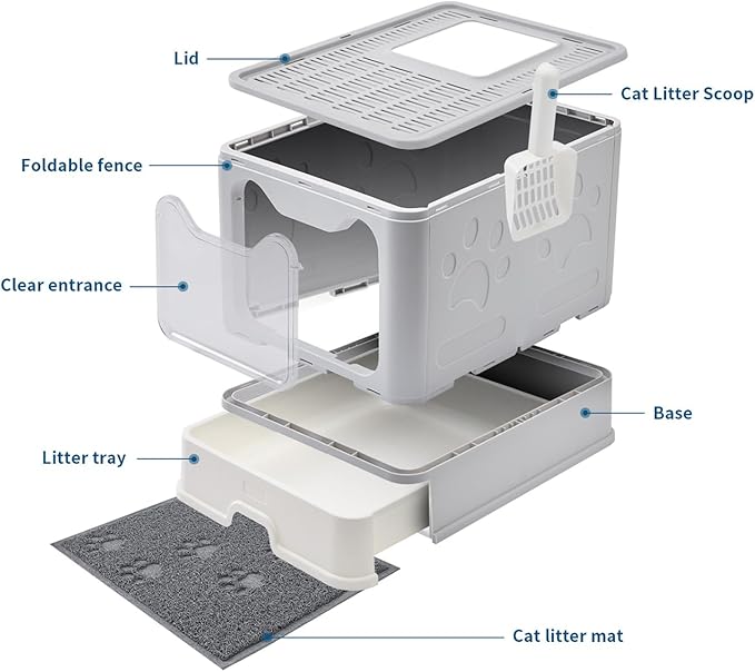 Medario Cat Litter Box with Litter Mat and Scoop, Large Covered Litter Box with Lid, Enclosed Kitty Box, Front Entry Top Exit, Odor Control, Easy to Clean (Grey)