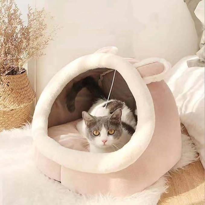 NatureMan Cat Beds for Indoor,Cat House with Hanging Cat Ball Toy,Kitten Tent House Removable Cotton Pad,Warm and Soft Pet Cat Supplies Kitten Small Dogs Pet Bed (Pink, M)